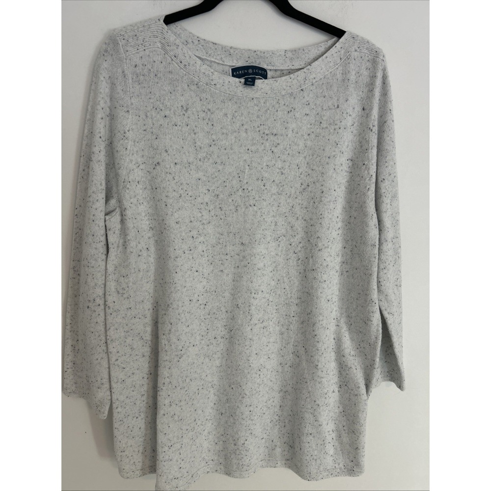 Karen Scott Women's XL Speckled White 3/4 Sleeve Boat Neck‎ Cotton Pull Over